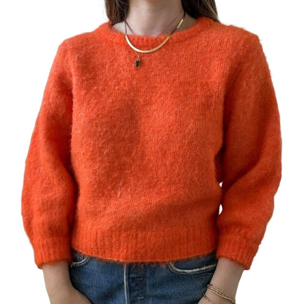 American Vintage Womens Neon Orange Fluffy Alpaca Blend Cropped Sweater Sz S - Picture 2 of 9